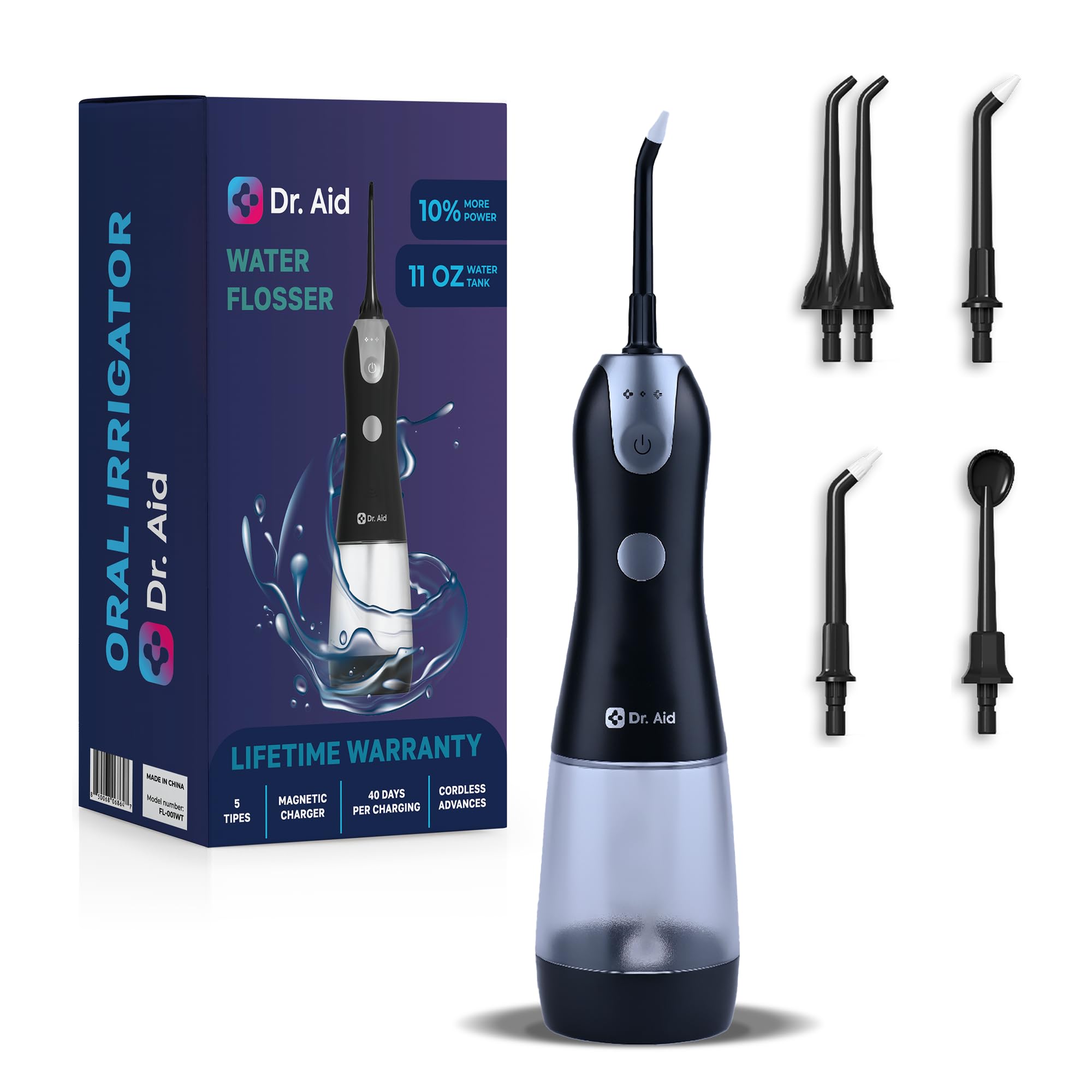 Portable Oral Irrigator - IPX8 Waterproof Cordless Water Flosser - 11Oz Tank, Water Filter, Magnetic Charger, Black
| T