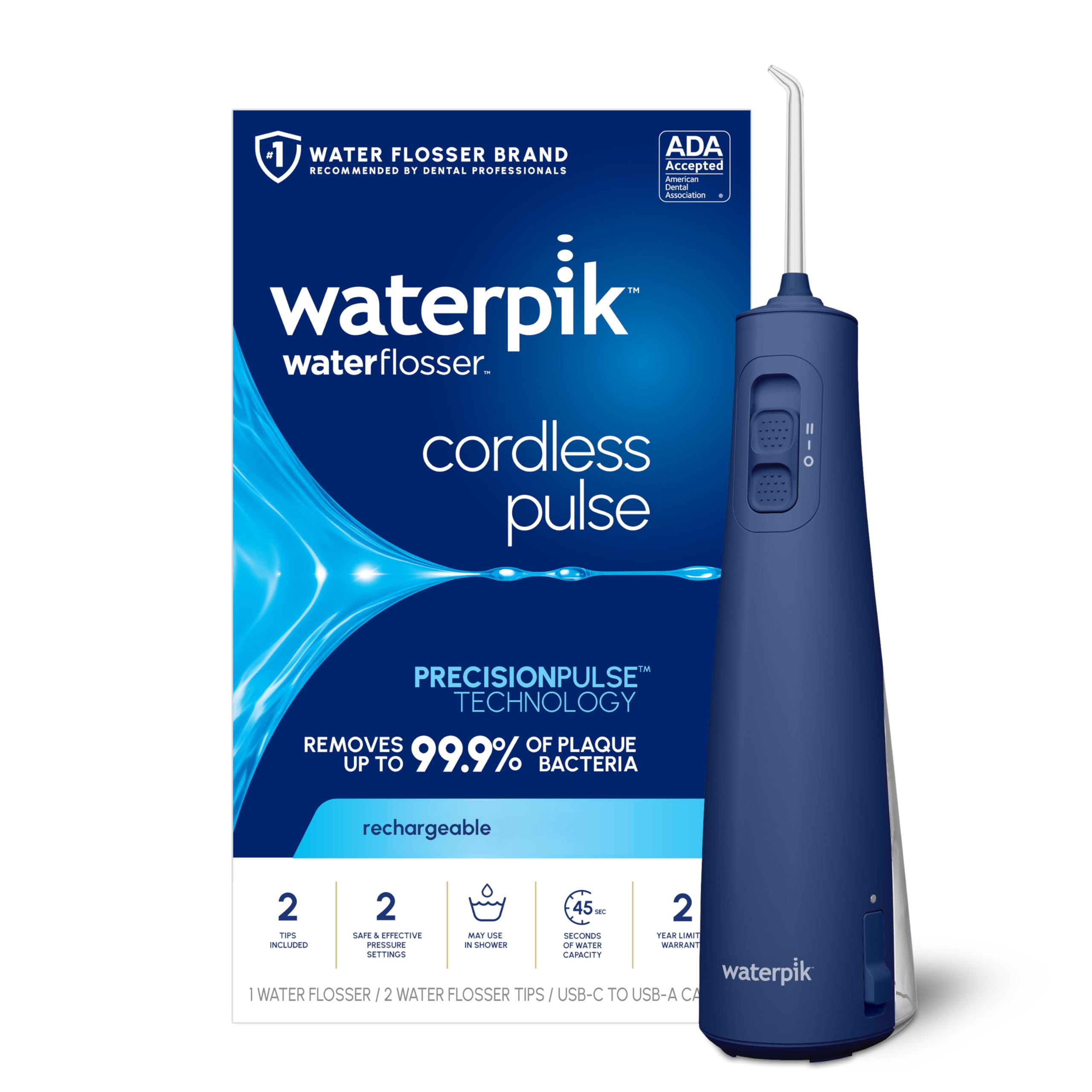 Waterpik Cordless Pulse Rechargeable Portable Water Flosser for Teeth and Gums Care with 2 Flossing Tips, ADA Accepted,