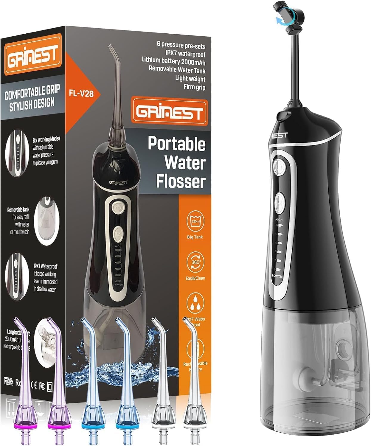 Grinest 7 Modes Water Flosser for Teeth - Portable Rechargeable Black
Grinest 7 Modes Water Dental Flosser - IPX7 Waterp
