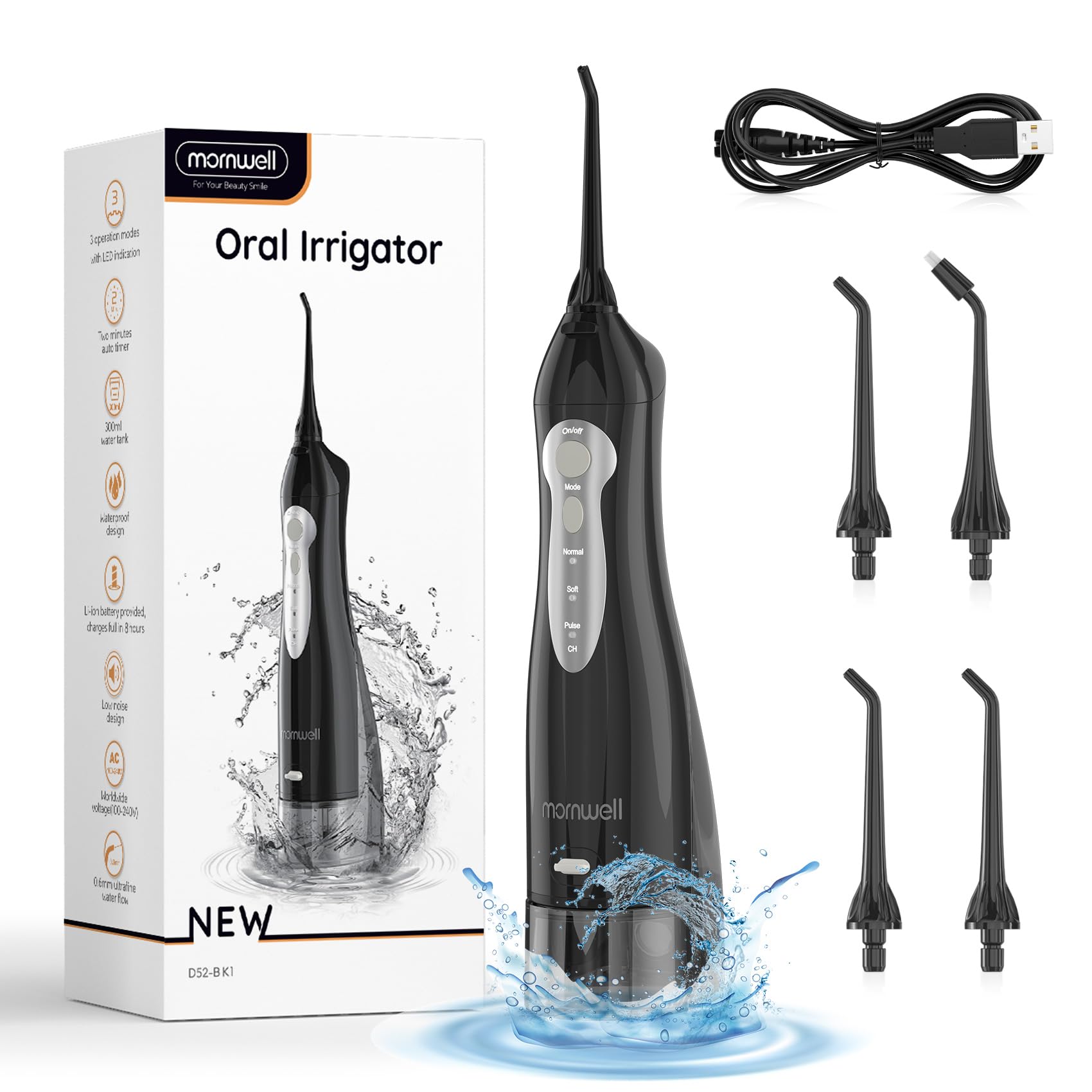 Mornwell Water Flosser for Teeth - IPX7 Waterproof & USB Rechargeable Dental Flosser, 3 Modes & 4 Jet Tips, Professiona