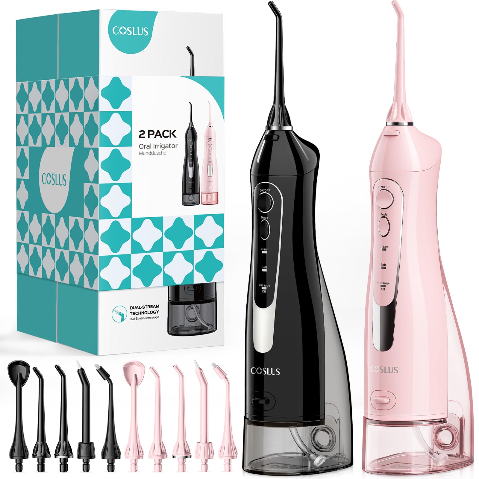 COSLUS 2 Pack Elegant Black & Pink Cordless Water Flosser for Teeth & Gum Care - Rechargeable, Waterproof, Portable for
