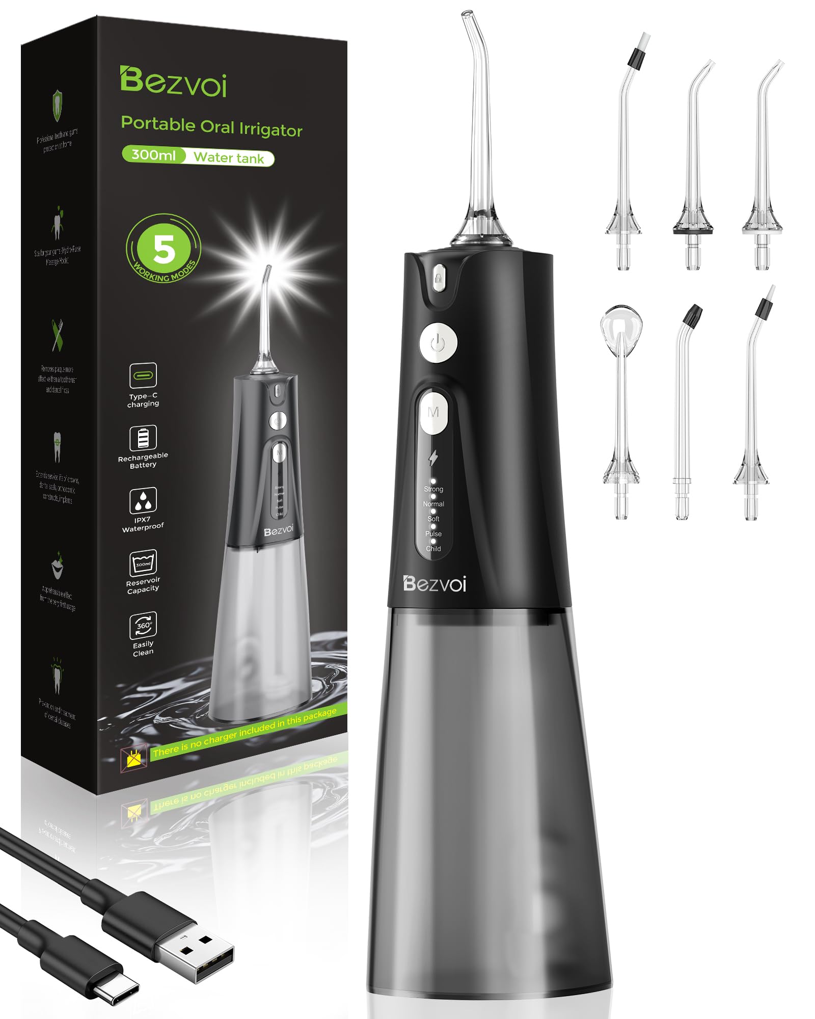 Cordless Water Flosser Teeth Pick: 5 Modes 300ML Portable Rechargeable IPX7 Waterproof Oral Irrigator Cleaner, Black  
C