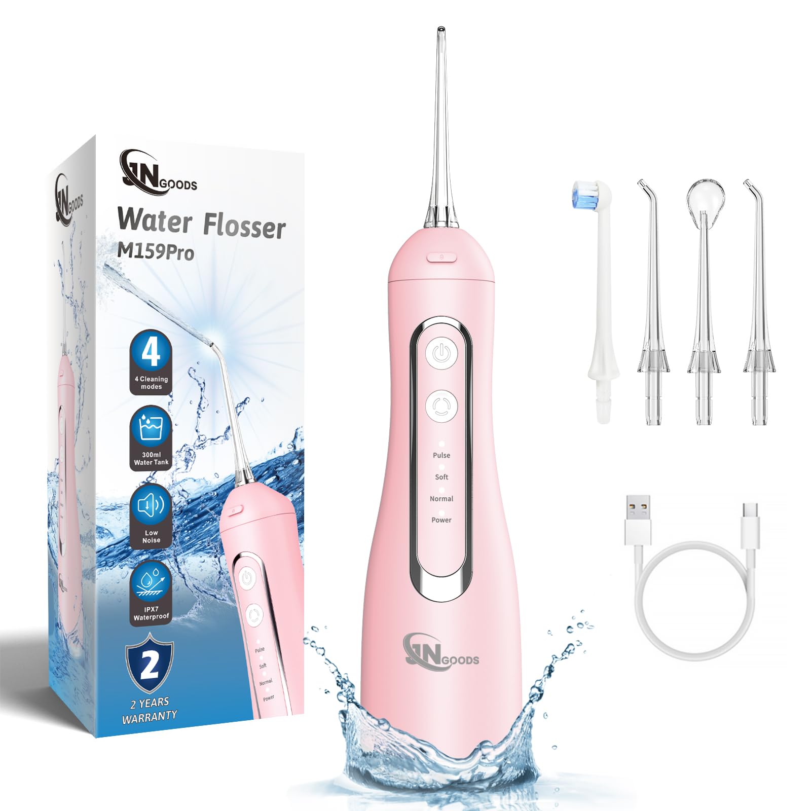 JNGOODS Cordless Water Dental Flosser Oral Irrigator (Pink) 300ml Rechargeable IPX7 Waterproof 4 Modes Portable Travel H