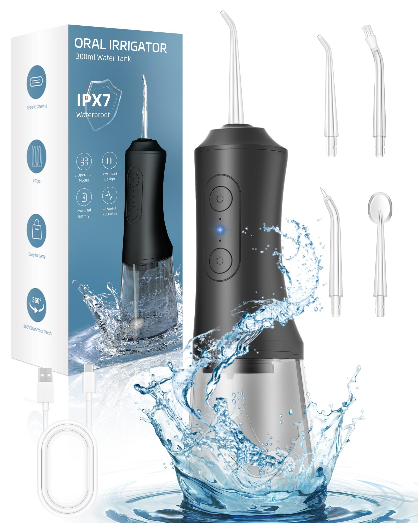 Water Flosser for Teeth Cleaning 3 Modes 4 Replaceable Jet Tips Black
| 300ML IPX7 Waterproof Oral Irrigator Teeth Care